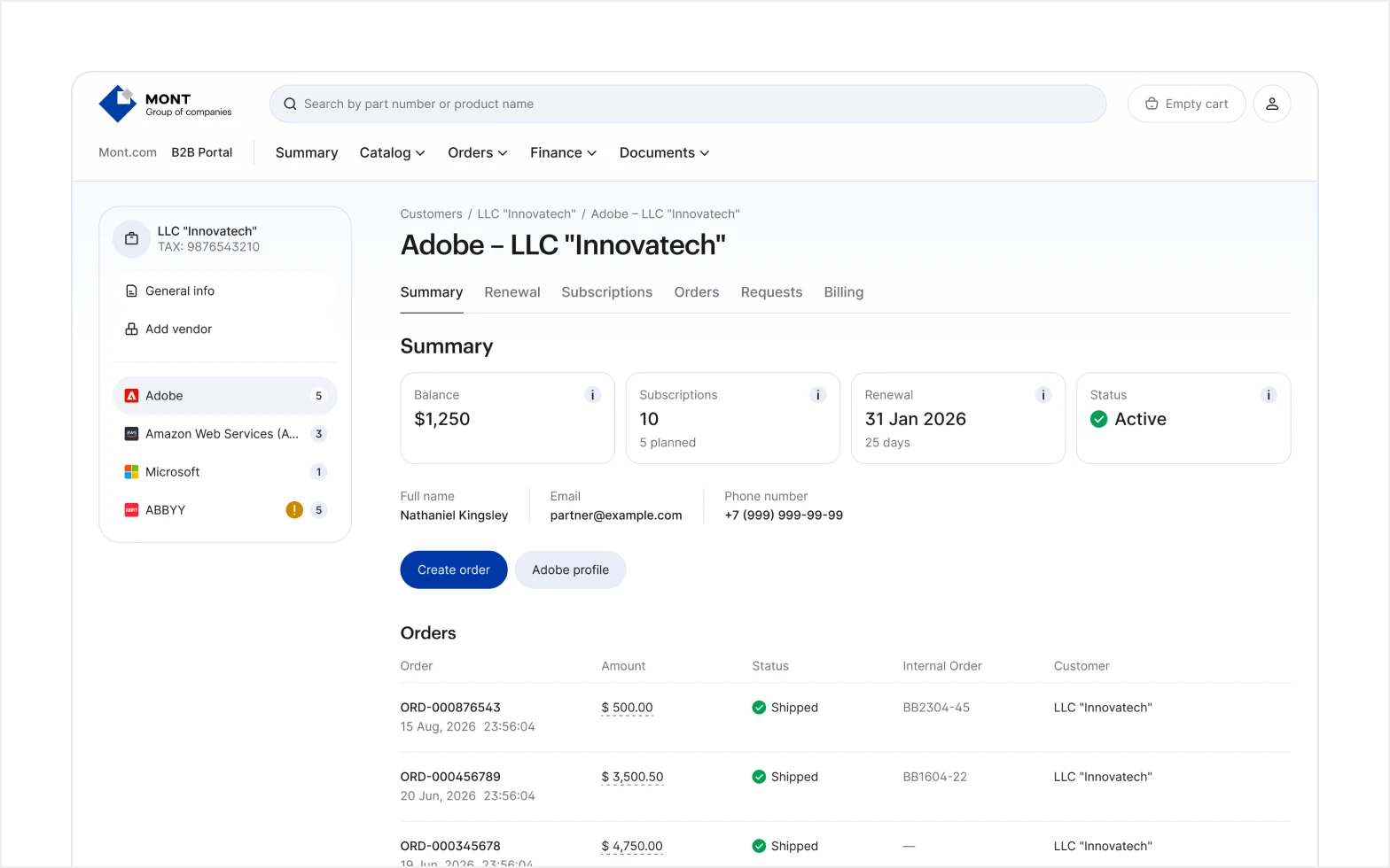 MONT customer page with vendor summary and orders