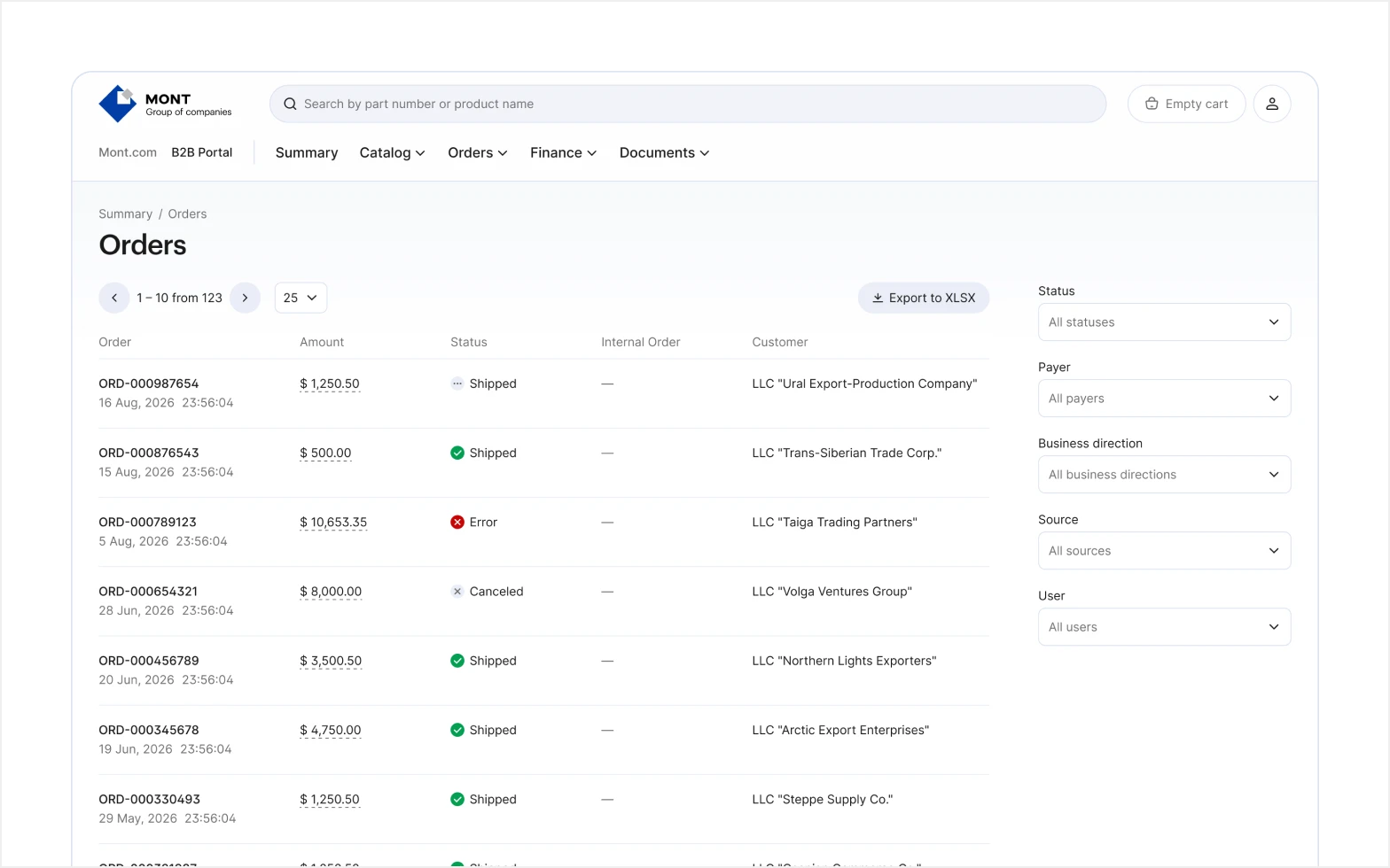 MONT orders list with status and filters