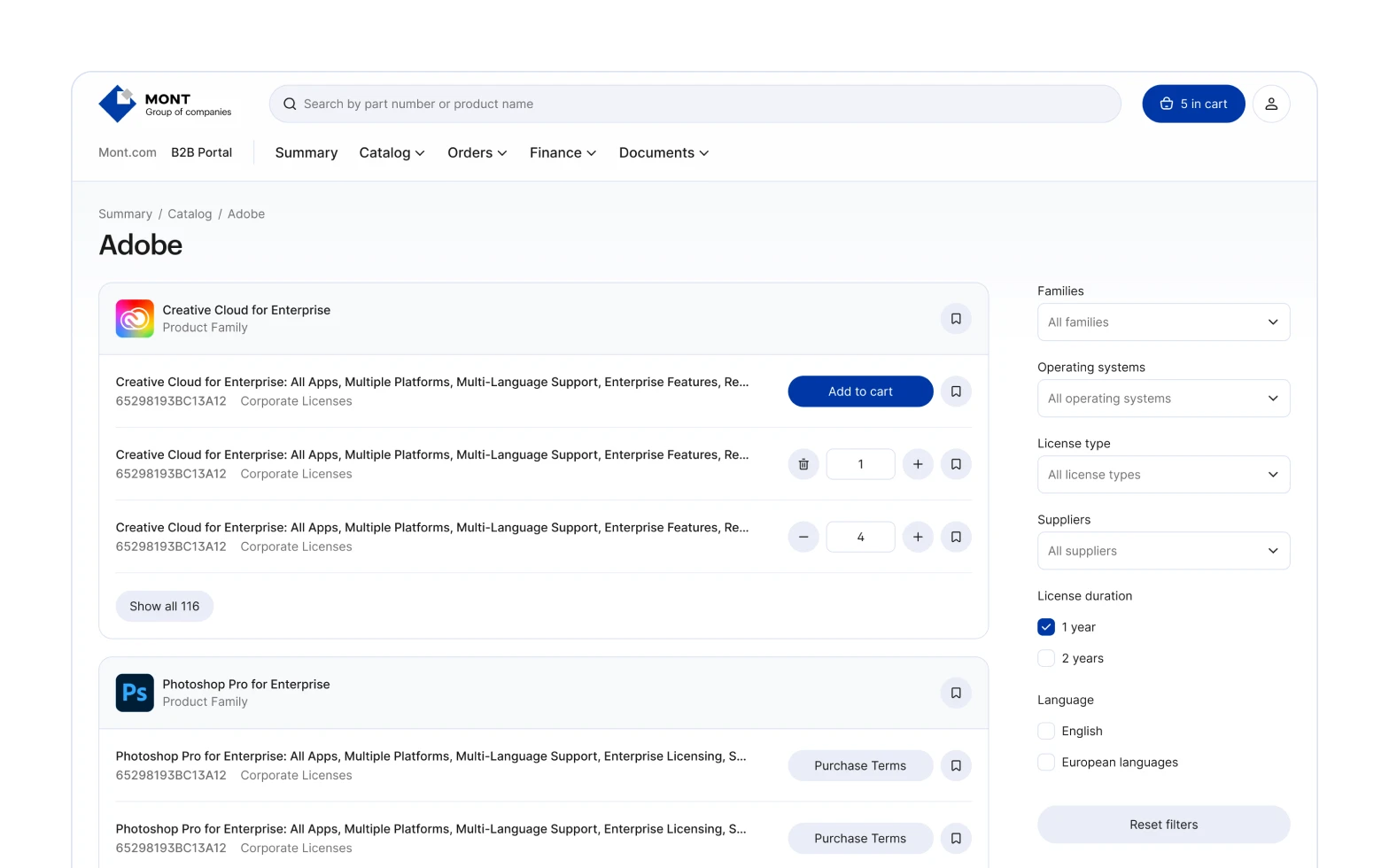 MONT vendor catalog with product families and filters